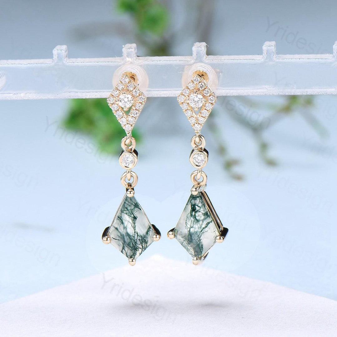 Vintage Natural Moss Agate earrings Elegant 14/18K Yellow Gold Kite Cut Green Agate Stud Earrings Women  crystal earrings anniversary gift - PENFINE