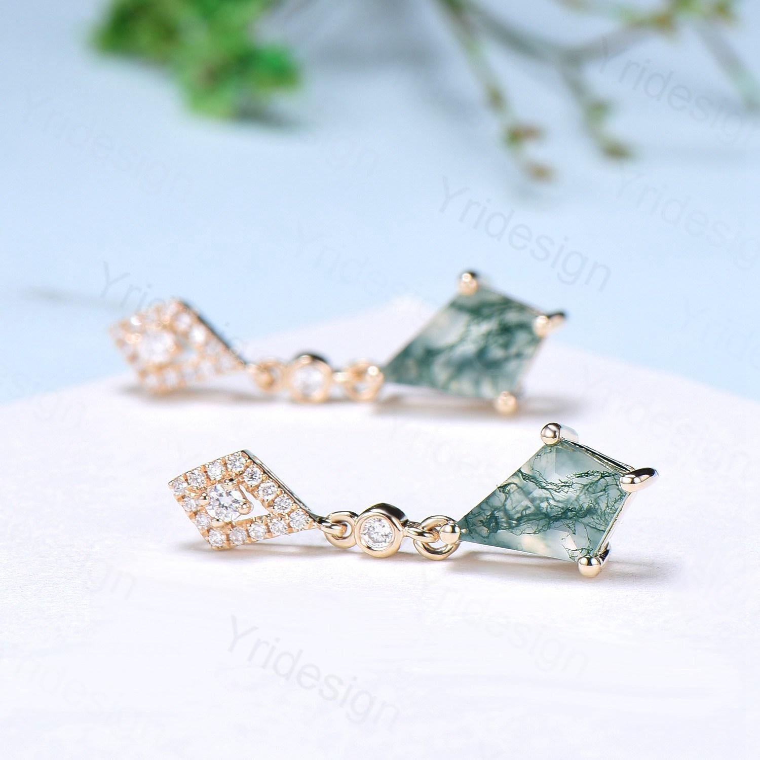 Vintage Natural Moss Agate earrings Elegant 14/18K Yellow Gold Kite Cut Green Agate Stud Earrings Women  crystal earrings anniversary gift - PENFINE