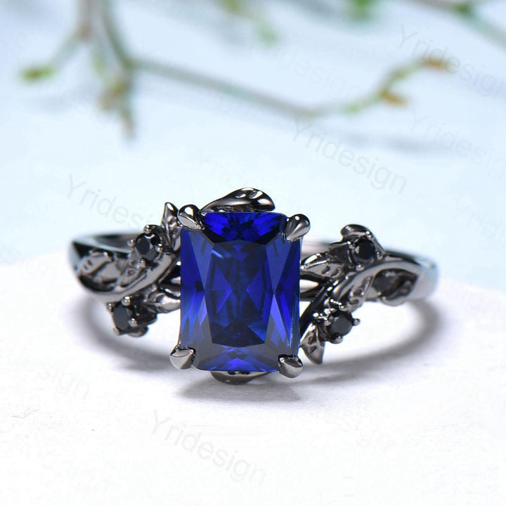 Nature Inspired black gold sapphire engagement ring emerald cut twig vine September birthstone engagement ring cluster spinel promise gift - PENFINE