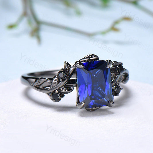 Nature Inspired black gold sapphire engagement ring emerald cut twig vine September birthstone engagement ring cluster spinel promise gift - PENFINE