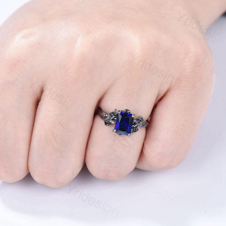 Nature Inspired black gold sapphire engagement ring emerald cut twig vine September birthstone engagement ring cluster spinel promise gift - PENFINE