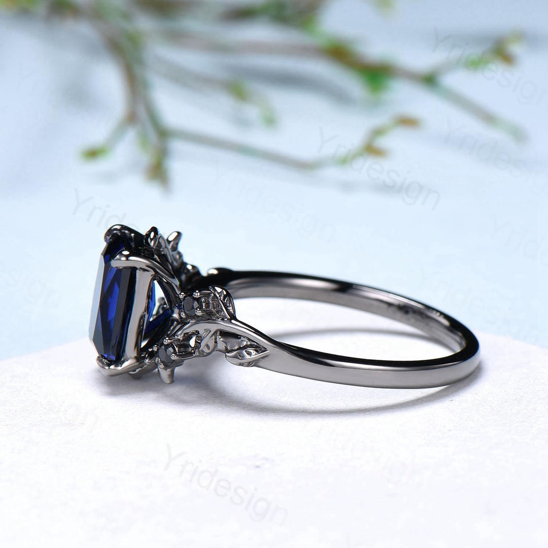 Nature Inspired black gold sapphire engagement ring emerald cut twig vine September birthstone engagement ring cluster spinel promise gift - PENFINE