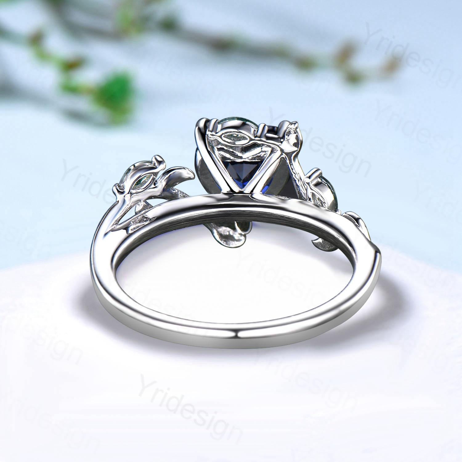 Nature Inspired Heart Shaped Blue Sapphire Engagement Ring Leaves Marquise Moss Agate Twig Wedding Ring Unique Anniversary Promise Ring Gift - PENFINE