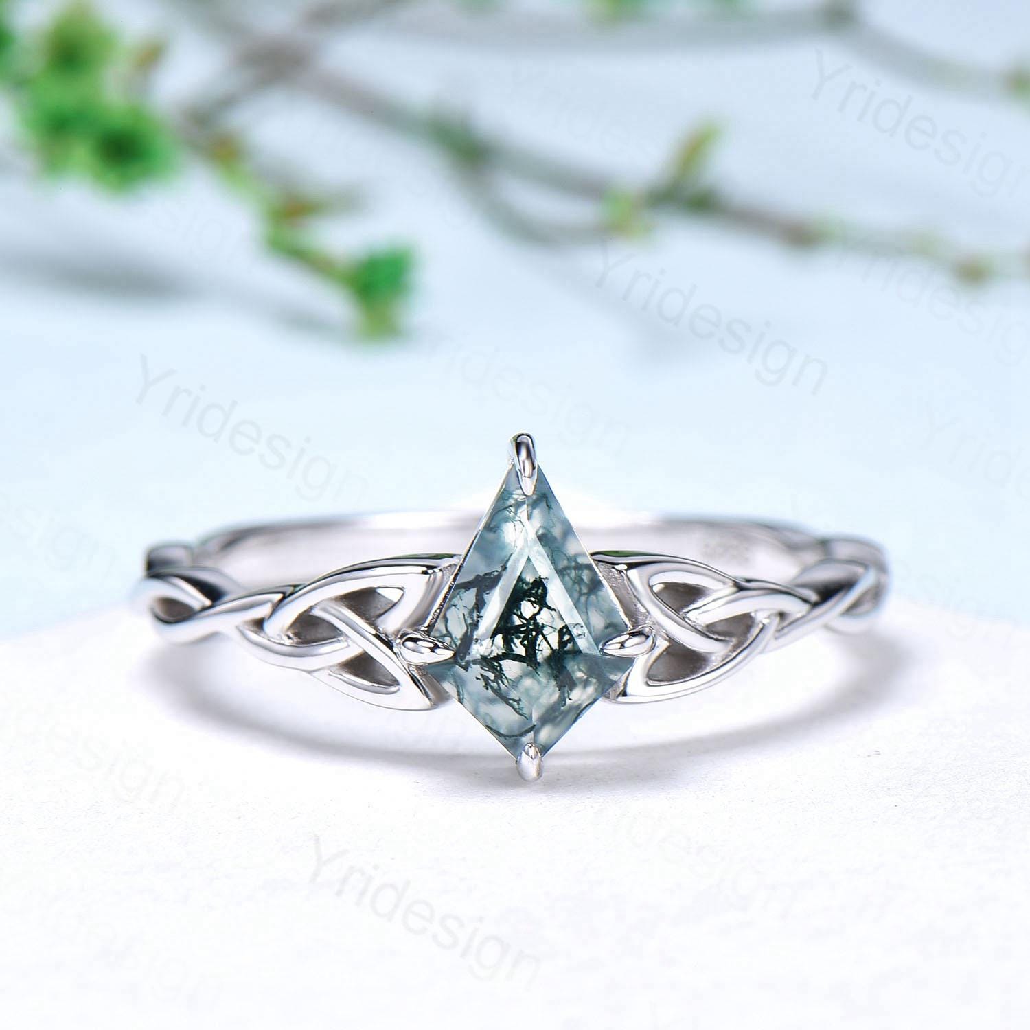 Norse Viking Kite Cut Moss Agate Engagement Ring Set Celtic Love Knot Moonstone Wedding Band Vintage Unique Twisted Green Crystal Bridal Set - PENFINE