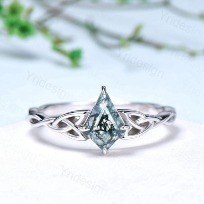 Norse Viking Kite Cut Moss Agate Engagement Ring Set Celtic Love Knot Moonstone Wedding Band Vintage Unique Twisted Green Crystal Bridal Set - PENFINE