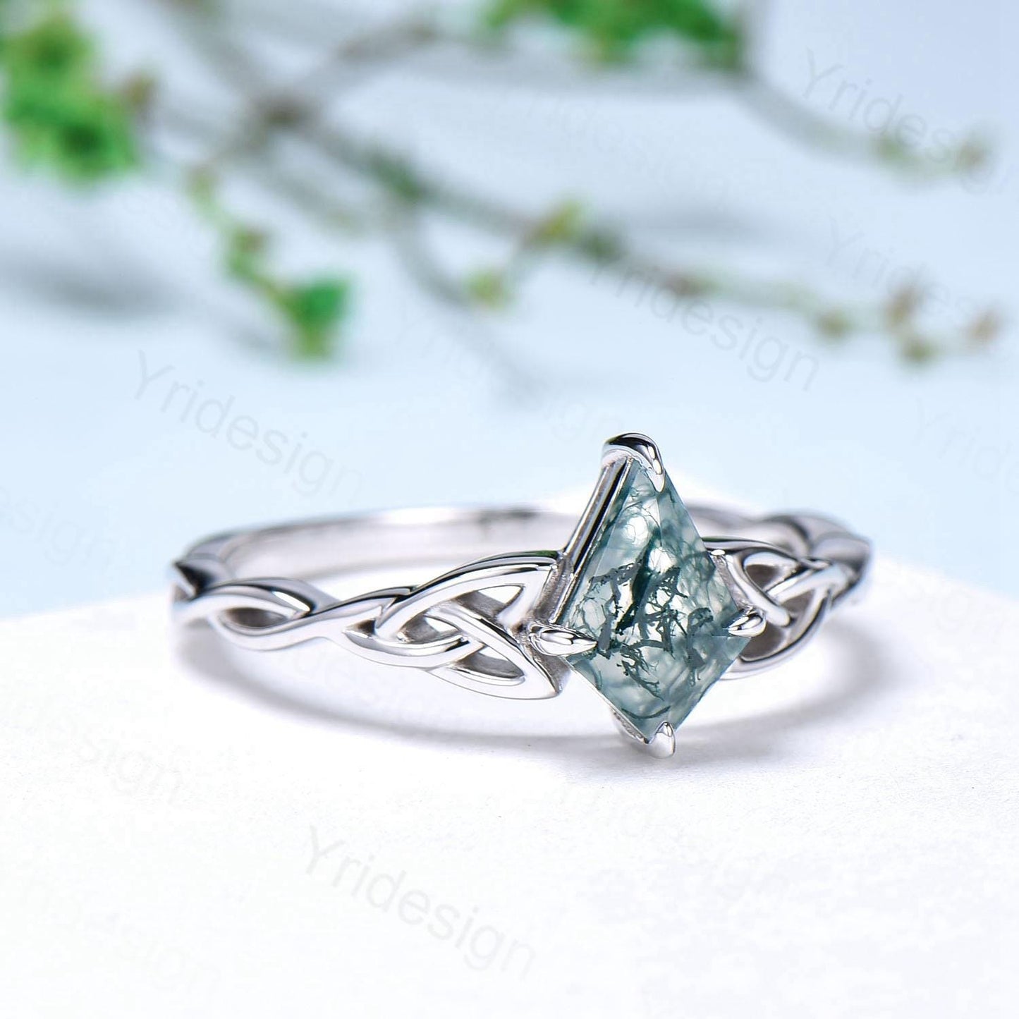 Norse Viking Kite Cut Moss Agate Engagement Ring Set Celtic Love Knot Moonstone Wedding Band Vintage Unique Twisted Green Crystal Bridal Set - PENFINE