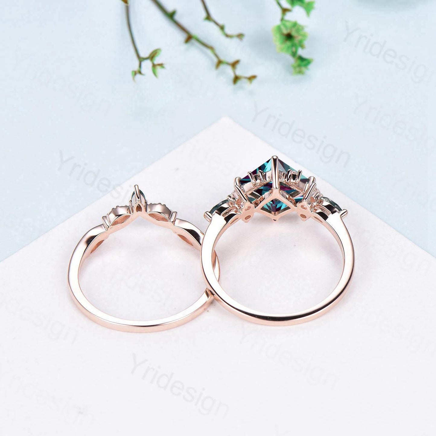 Unique 2CT Princess Cut Alexandrite Engagement Ring Cluster Nature Marquise Moonstone June Birthstone Ring Set 2pcs 14K Rose Gold Bridal Set - PENFINE