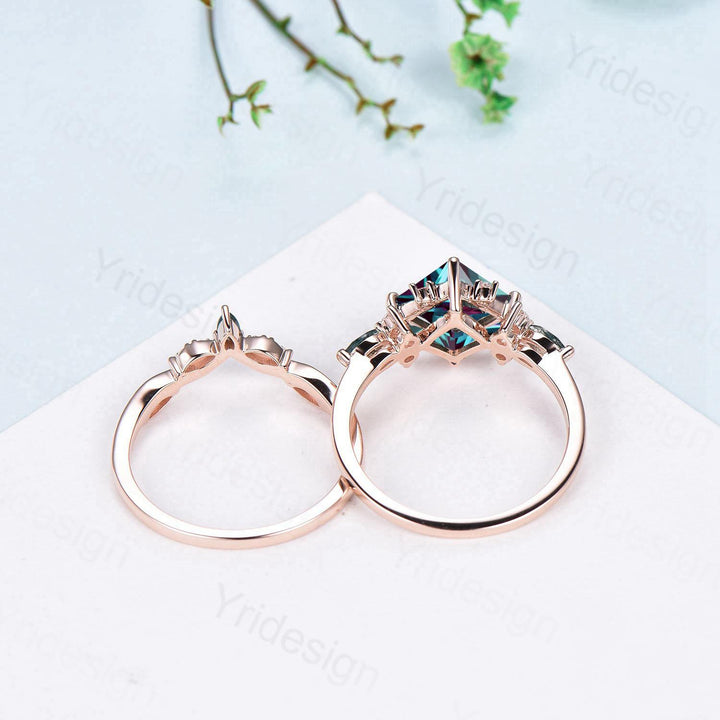 Unique 2CT Princess Cut Alexandrite Engagement Ring Cluster Nature Marquise Moonstone June Birthstone Ring Set 2pcs 14K Rose Gold Bridal Set - PENFINE