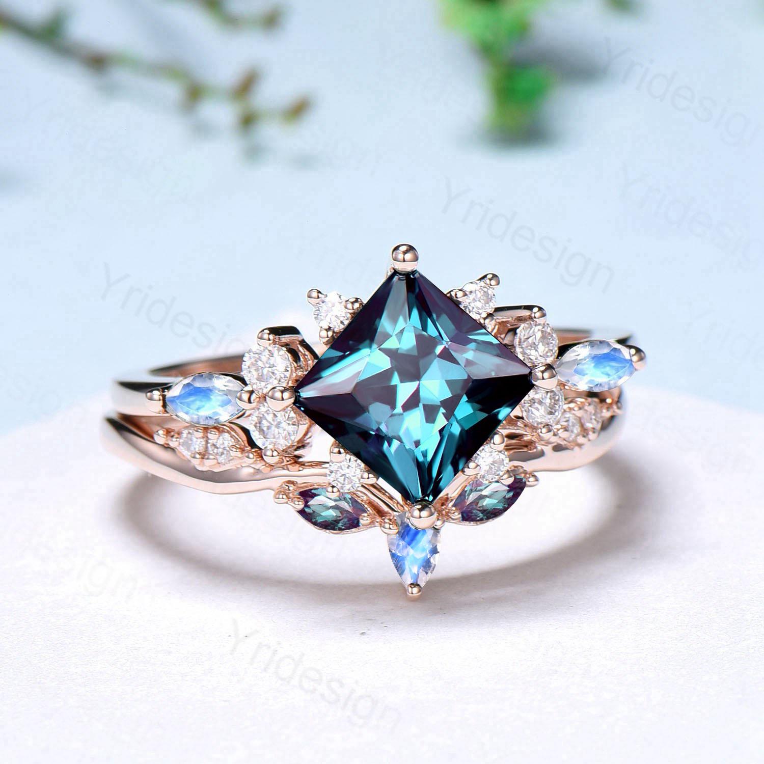 Unique 2CT Princess Cut Alexandrite Engagement Ring Cluster Nature Marquise Moonstone June Birthstone Ring Set 2pcs 14K Rose Gold Bridal Set - PENFINE