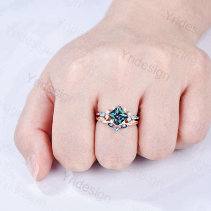 Unique 2CT Princess Cut Alexandrite Engagement Ring Cluster Nature Marquise Moonstone June Birthstone Ring Set 2pcs 14K Rose Gold Bridal Set - PENFINE