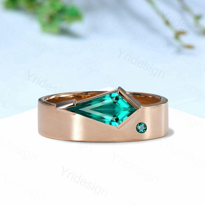 One Of a Kind Emerald Wedding Band For Men Unique Kite Cut Emerald Men's Wedding Ring 6mm Stacking Anniversary Matching Band Christmas Gift - PENFINE