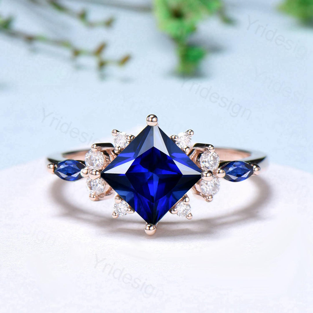 Vintage 2CT Princess Cut Sapphire Engagement Ring Cluster Nature Marquise Blue Gemstone Ring Set 2pcs Sapphire Bridal Ring 14K Rose Gold Set - PENFINE