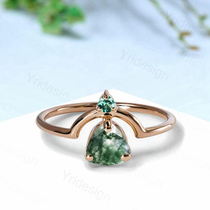 Unique trillion natural green moss agate engagement ring Nestled agate emerald wedding ring art deco curved infinity band anniversary gift - PENFINE