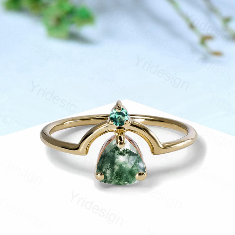 Unique trillion natural green moss agate engagement ring Nestled agate emerald wedding ring art deco curved infinity band anniversary gift - PENFINE