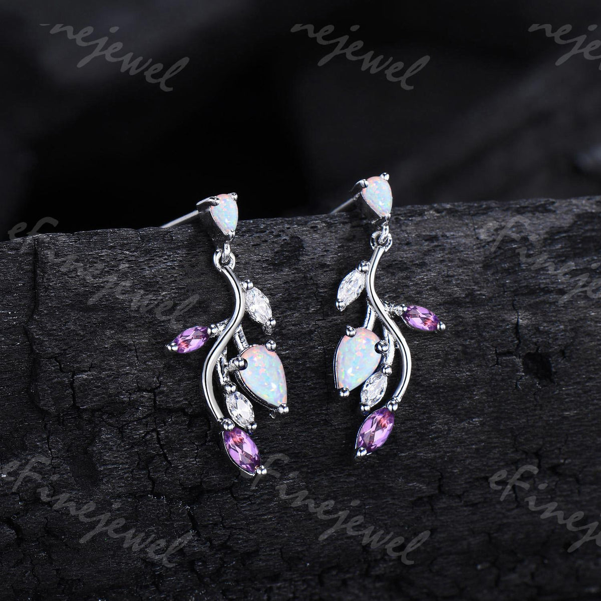 Handmade White Opal Leaf Earrings, Amethyst Moissanite, 14K Gold