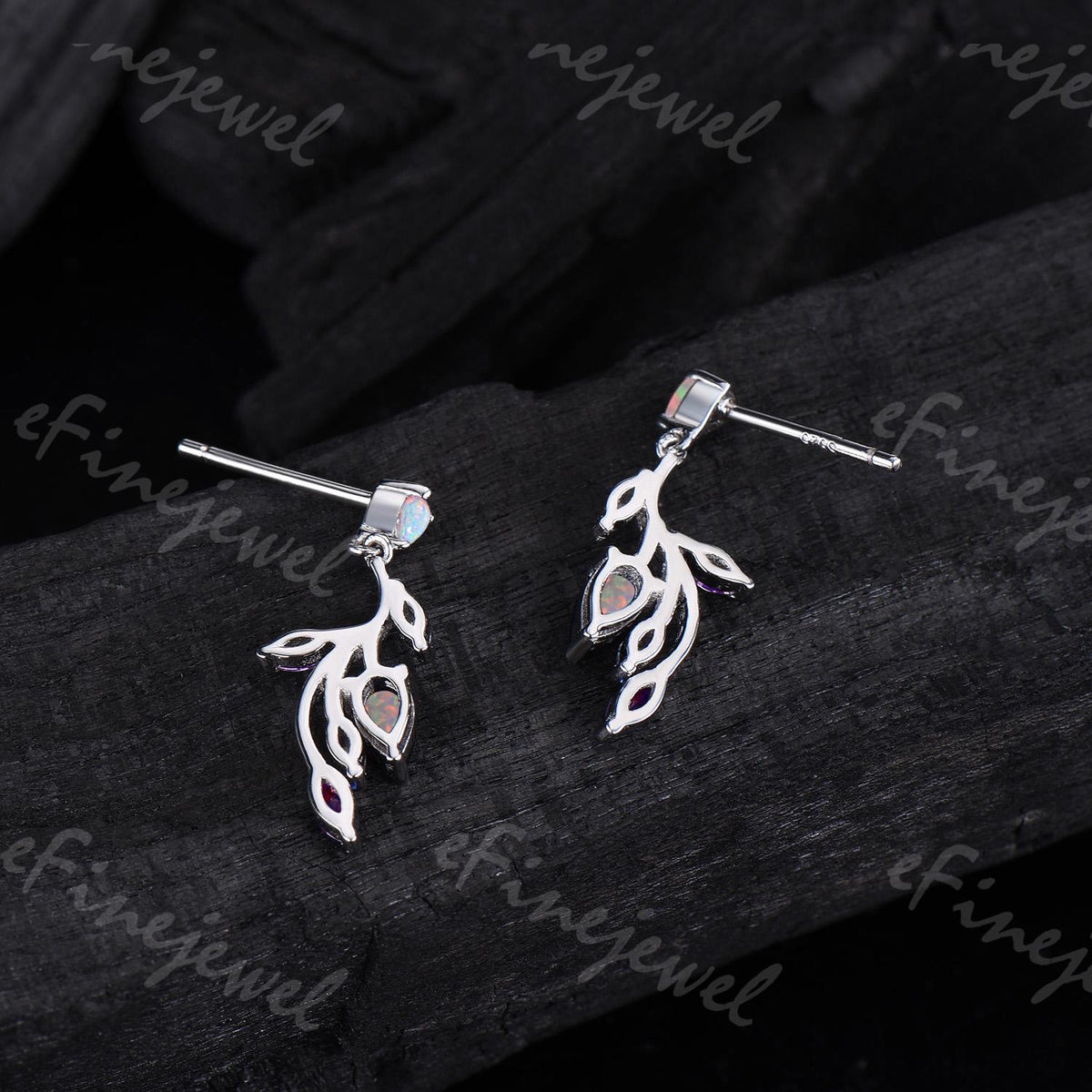Handmade White Opal Leaf Earrings, Amethyst Moissanite, 14K Gold