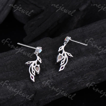 Handmade White Opal Leaf Earrings, Amethyst Moissanite, 14K Gold