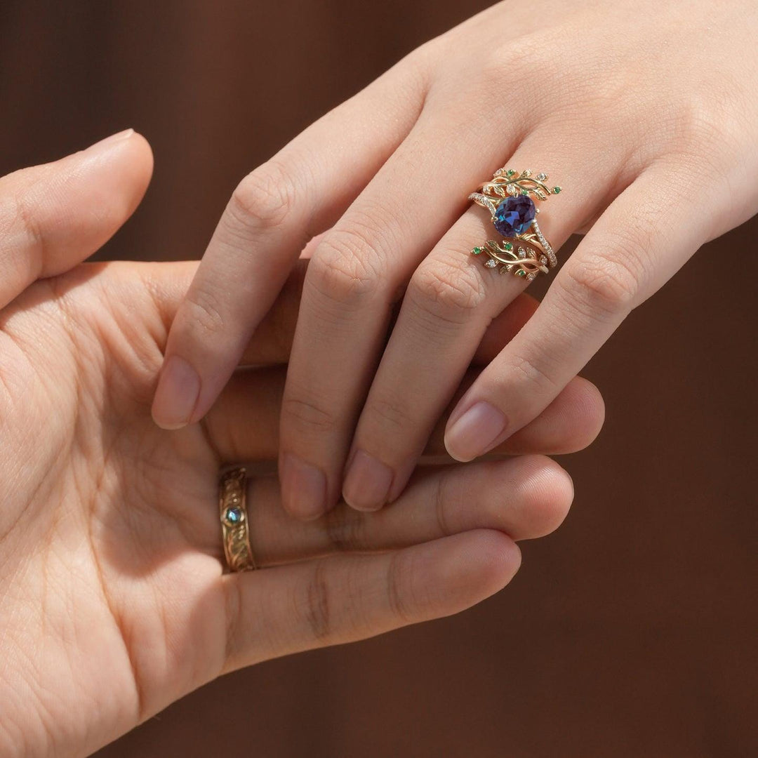 Nature inspired Couples ring set Unique alexandrite leaf vine wedding set twig cross ring men and women His Hers engagement Promise gift - PENFINE