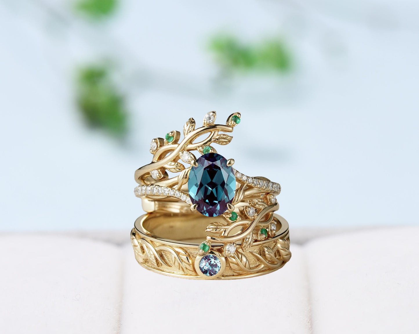 Nature inspired Couples ring set Unique alexandrite leaf vine wedding set twig cross ring men and women His Hers engagement Promise gift - PENFINE