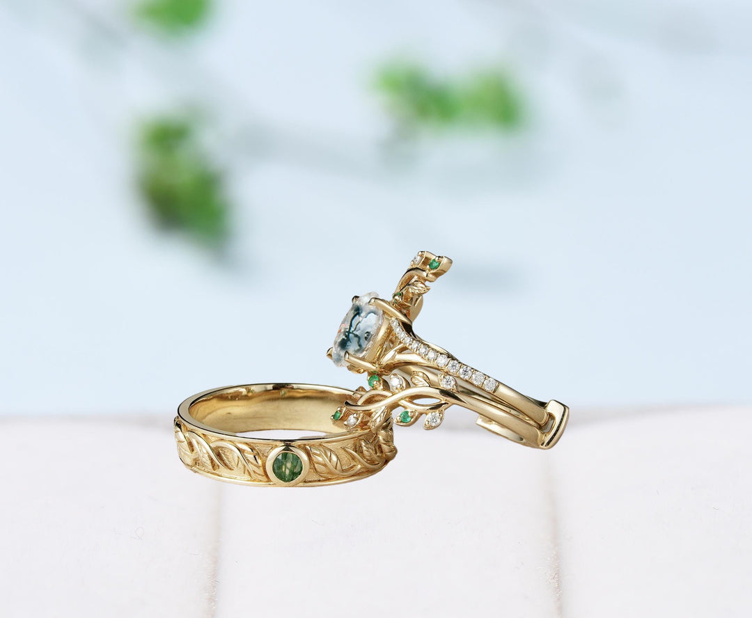 Nature inspired Moss Agate Couples ring set Unique leaf vine green agate wedding set twig cross men and women His Hers engagement ring gift - PENFINE