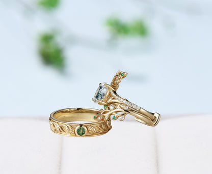 Nature inspired Moss Agate Couples ring set Unique leaf vine green agate wedding set twig cross men and women His Hers engagement ring gift - PENFINE