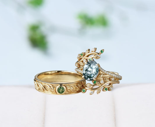 Nature inspired Moss Agate Couples ring set Unique leaf vine green agate wedding set twig cross men and women His Hers engagement ring gift - PENFINE