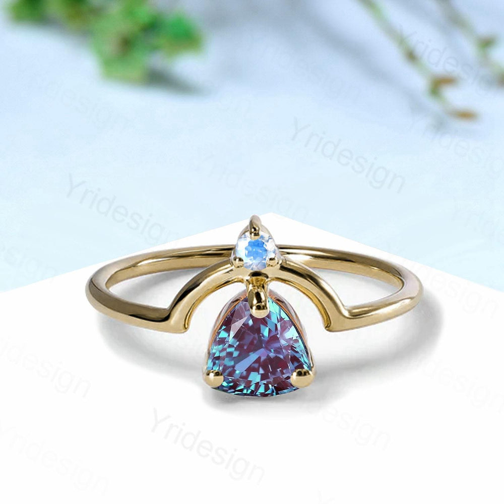 Unique trillion alexandrite engagement ring Nestled color change wedding ring art deco curved infinity moonstone band anniversary gift - PENFINE