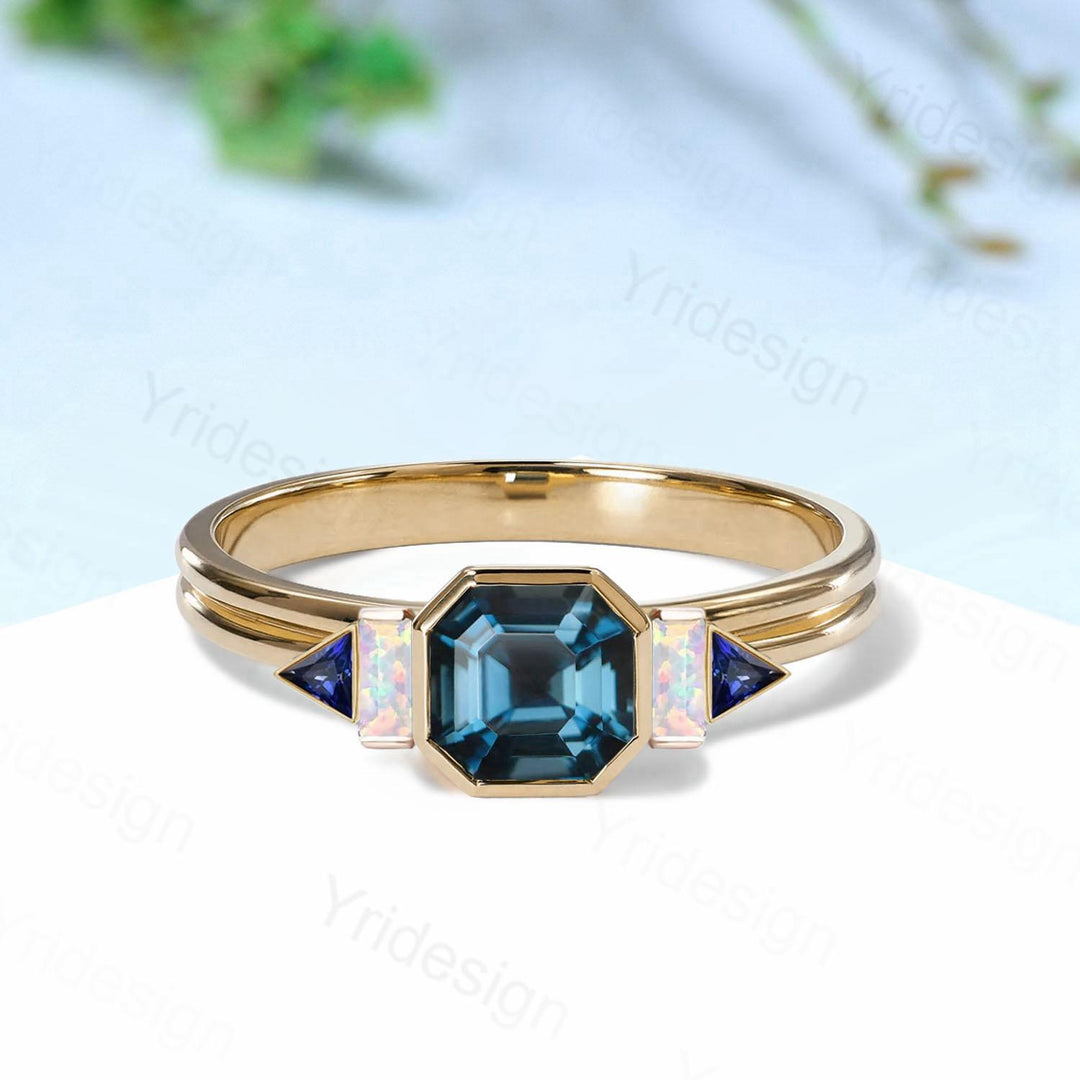 Unique Asscher cut Alexandrite Ring Unique split shank Color Change Engagement Ring Cluster Baguette Opal sapphire Wedding Ring gift for her - PENFINE