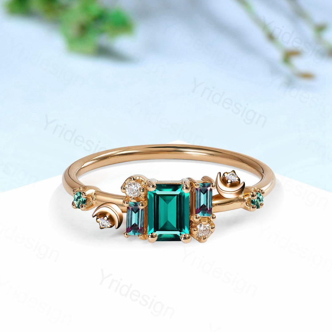 Unique Emerald Cut Emerald Engagement Ring Cluster Baguette Alexandrite Wedding Ring Vintage Moon May Birthstone Anniversary Ring for Women - PENFINE