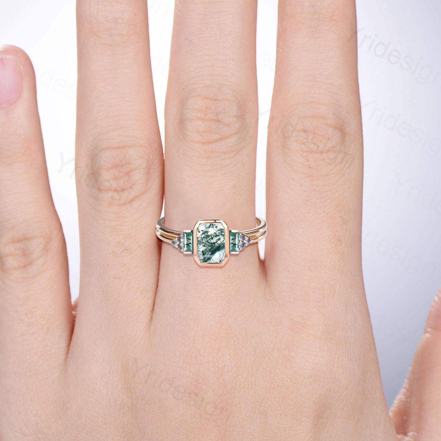 Unique Bezel Set Emerald Cut Green Moss Agate Engagement Ring