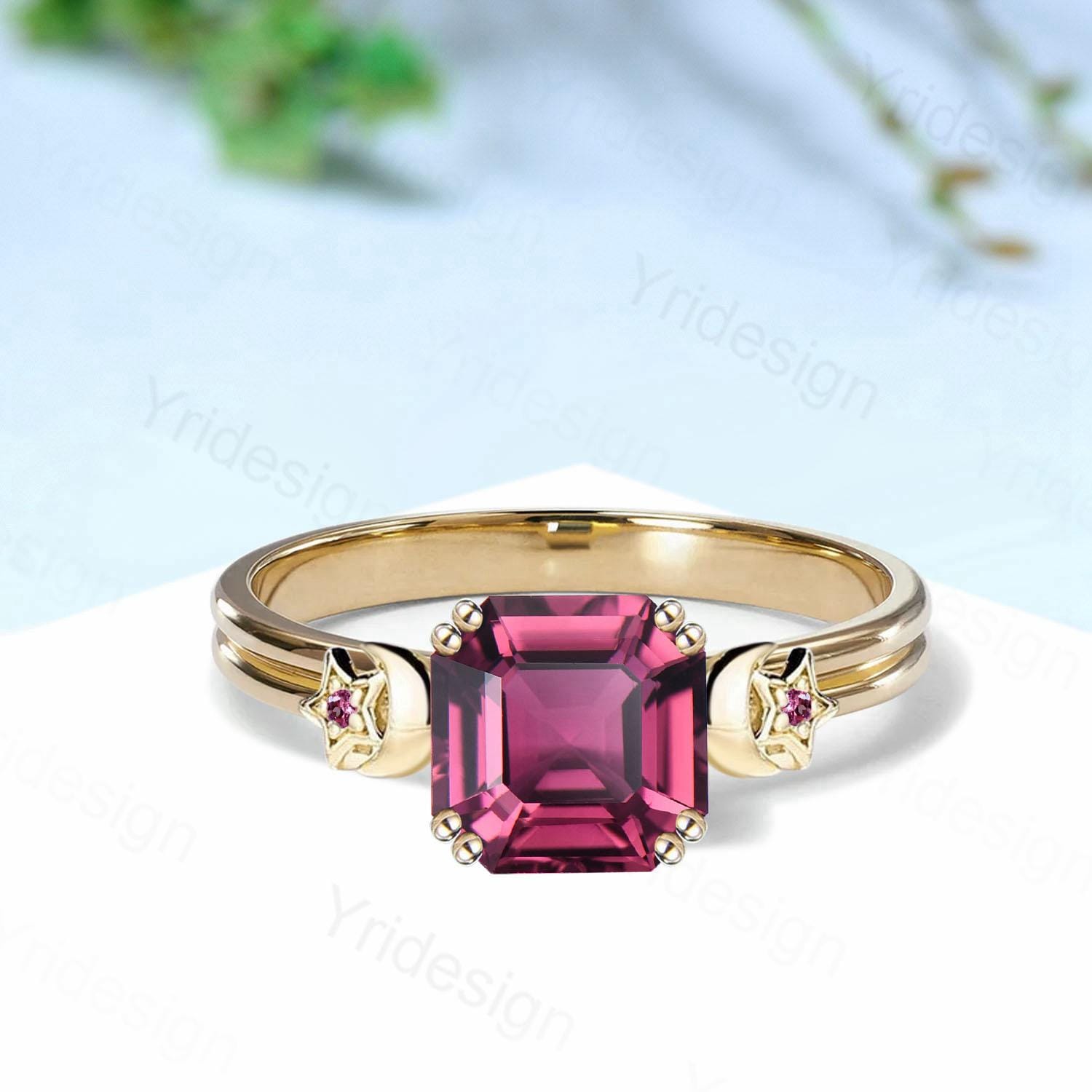 Unique Moon Star Asscher Pink Tourmaline Ring Vintage Split Shank Pink Stone Engagement Ring Art Deco Wedding Ring 8 Prongs Anniversary Gift - PENFINE