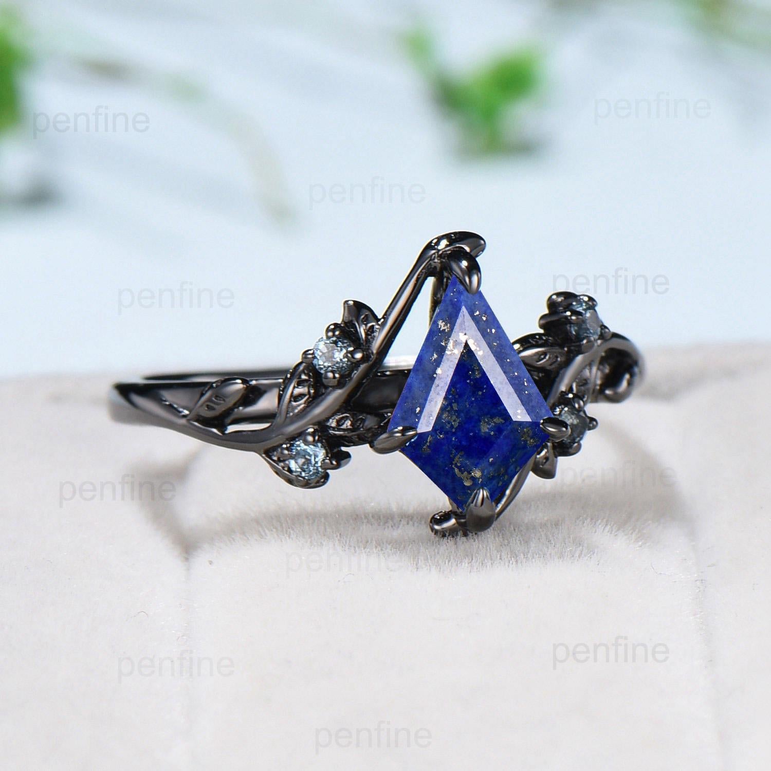 Unique Black Gold Lapis Lazuli Engagement Ring Kite cut Natural Inspired Leaf vine Cluster Alexandrite ring branch Anniversary Promise Gift - PENFINE