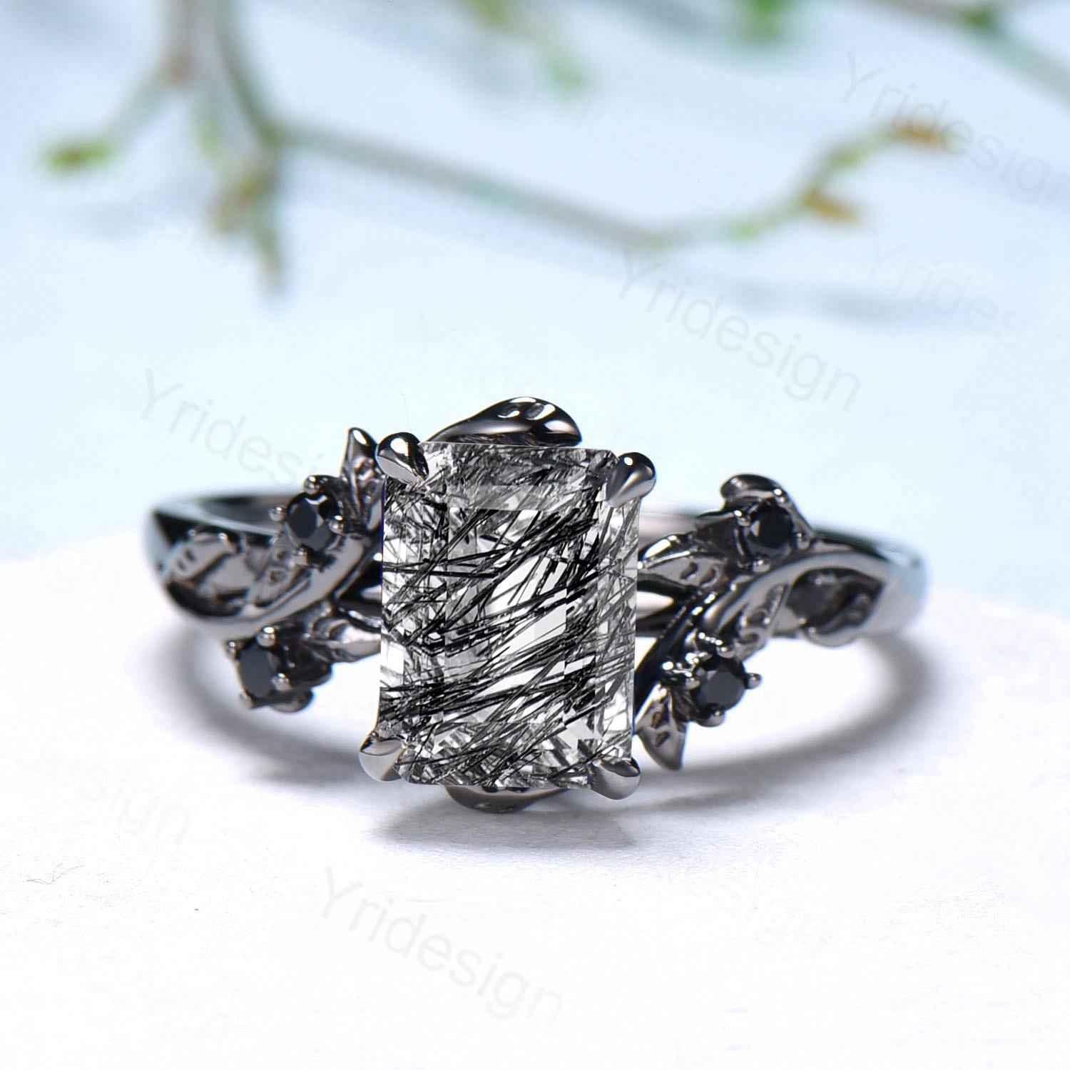 Nature Inspired black gold rutilated quartz engagement ring emerald cut twig vine elegant black rutilated ring cluster spinel promise gift - PENFINE