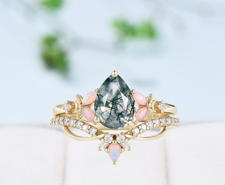 Unique Pear Shaped Green Moss Agate Engagement Ring Set Natural inspired Marquise Opal Wedding Set Infinity Stacking Band 2pcs bridal set - PENFINE