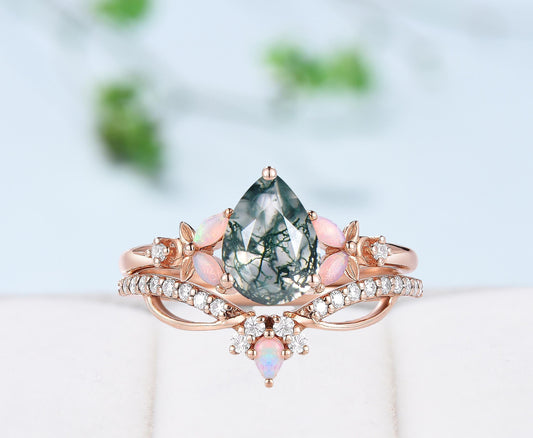 Unique Pear Shaped Green Moss Agate Engagement Ring Set Natural inspired Marquise Opal Wedding Set Infinity Stacking Band 2pcs bridal set - PENFINE