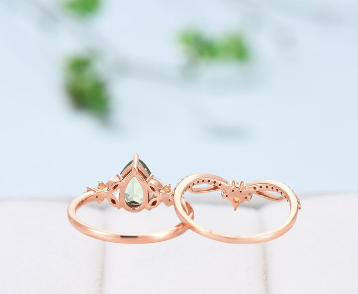 Unique Pear Shaped Green Moss Agate Engagement Ring Set Natural inspired Marquise Opal Wedding Set Infinity Stacking Band 2pcs bridal set - PENFINE