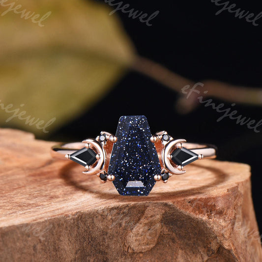 Coffin Blue Sandstone Ring, Kite Black Spinel, Rose Gold Wedding Band - PENFINE