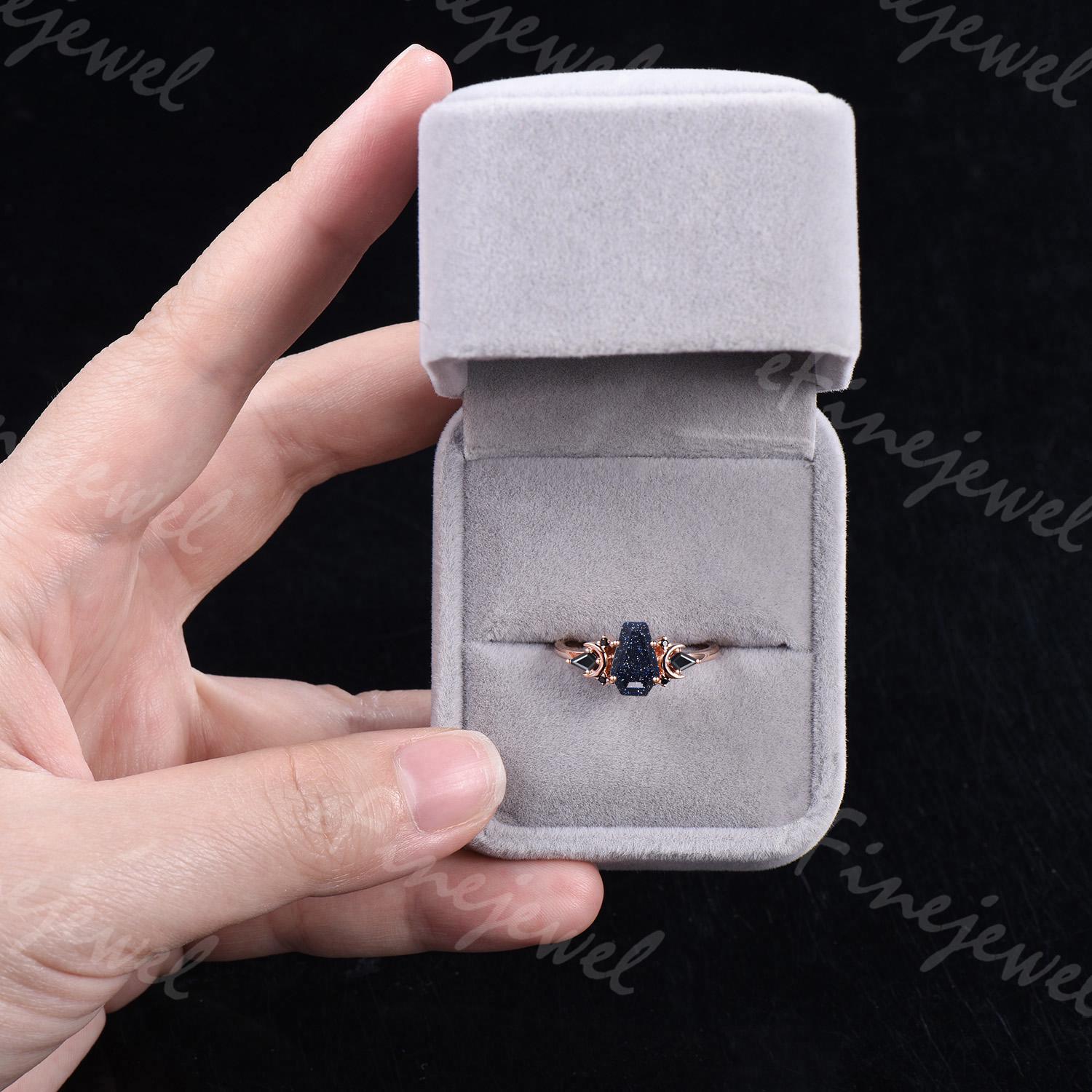 Coffin Blue Sandstone Ring, Kite Black Spinel, Rose Gold Wedding Band - PENFINE