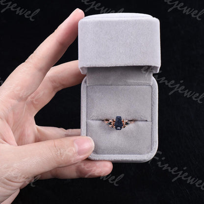Coffin Blue Sandstone Ring, Kite Black Spinel, Rose Gold Wedding Band - PENFINE