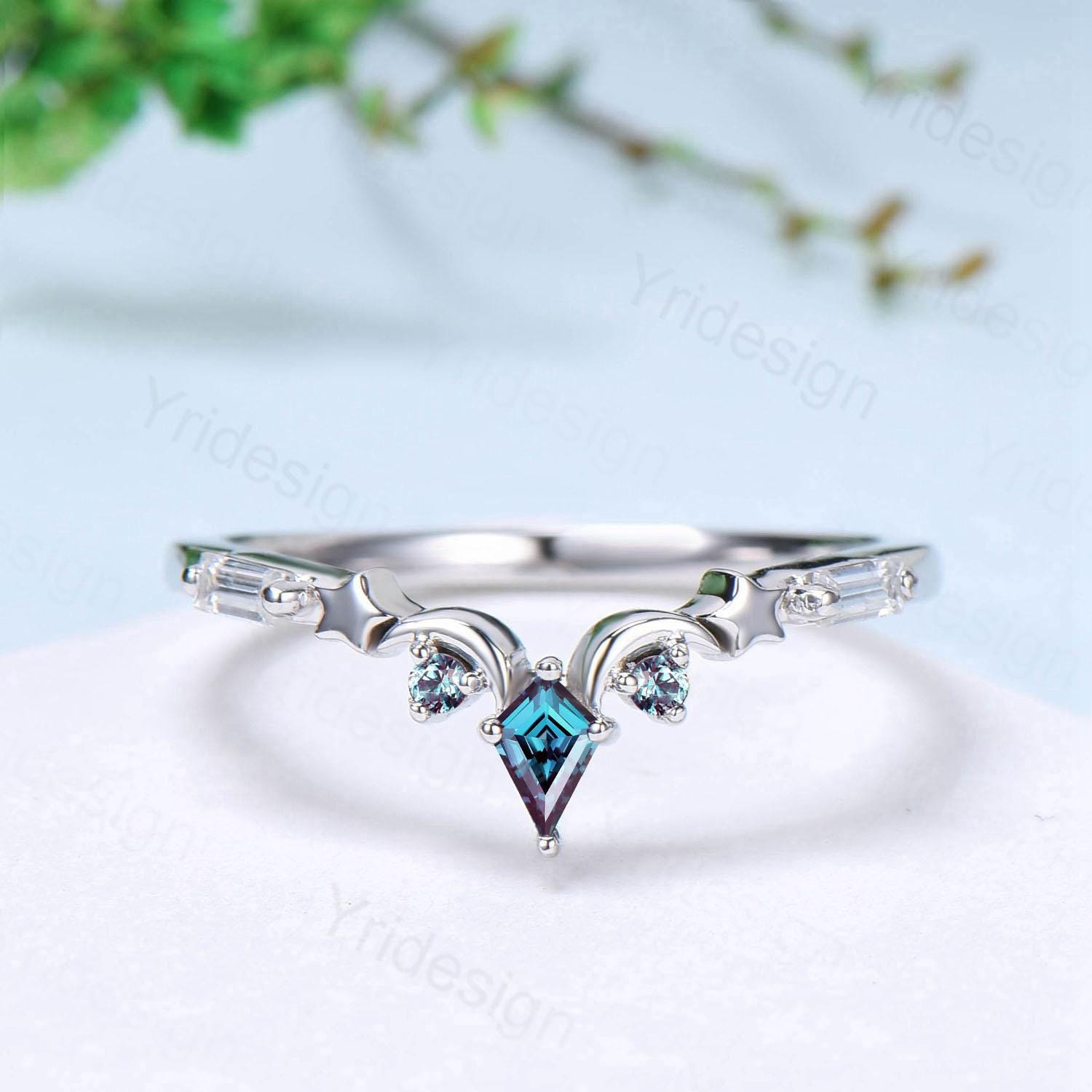 Unique Moon star alexandrite wedding band ring white gold elegant band for women art deco stacking ring baguette moissanite anniversary gift - PENFINE