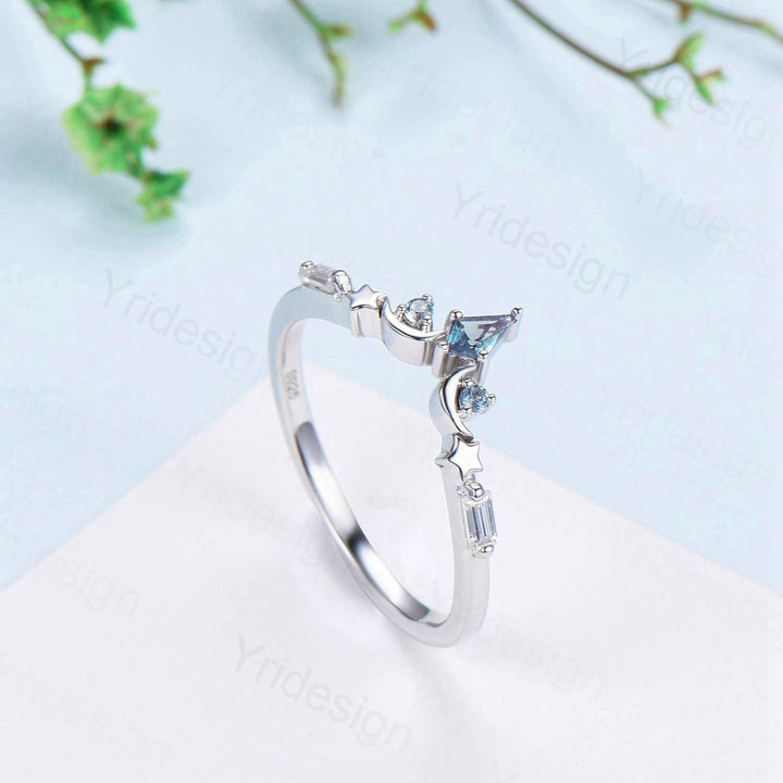 Unique Moon star alexandrite wedding band ring white gold elegant band for women art deco stacking ring baguette moissanite anniversary gift - PENFINE