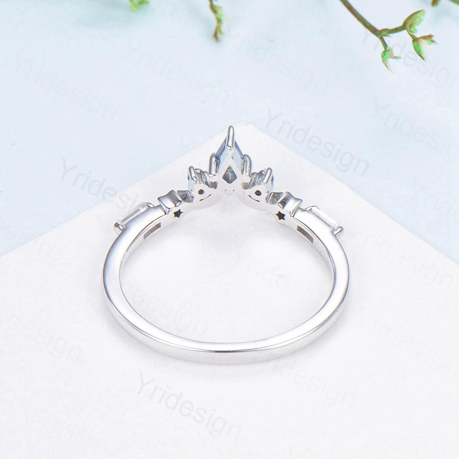 Unique Moon star alexandrite wedding band ring white gold elegant band for women art deco stacking ring baguette moissanite anniversary gift - PENFINE