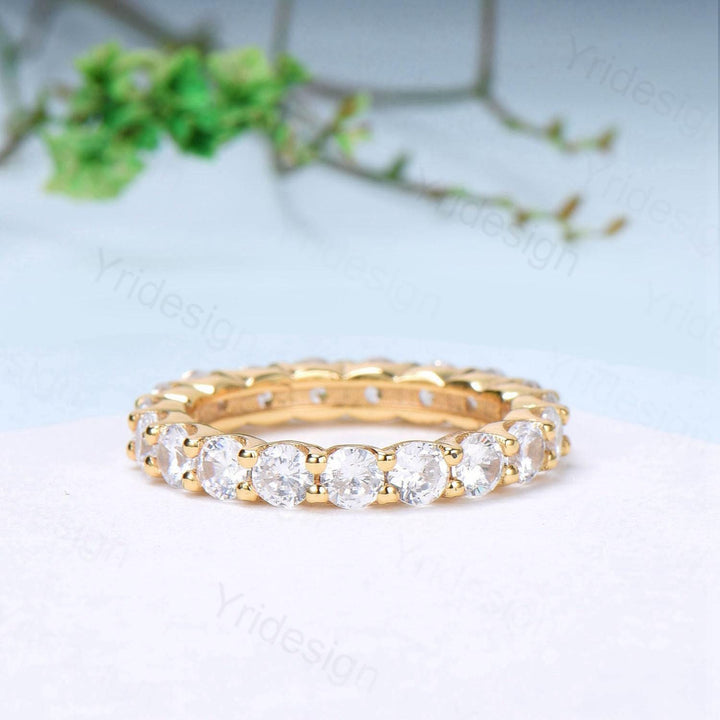 Round Moissanite Band Full Eternity Band Wedding Band 3mm Round Cut Moissanite Wedding Ring 14K Yellow Gold Anniversary Promise Women's Band - PENFINE