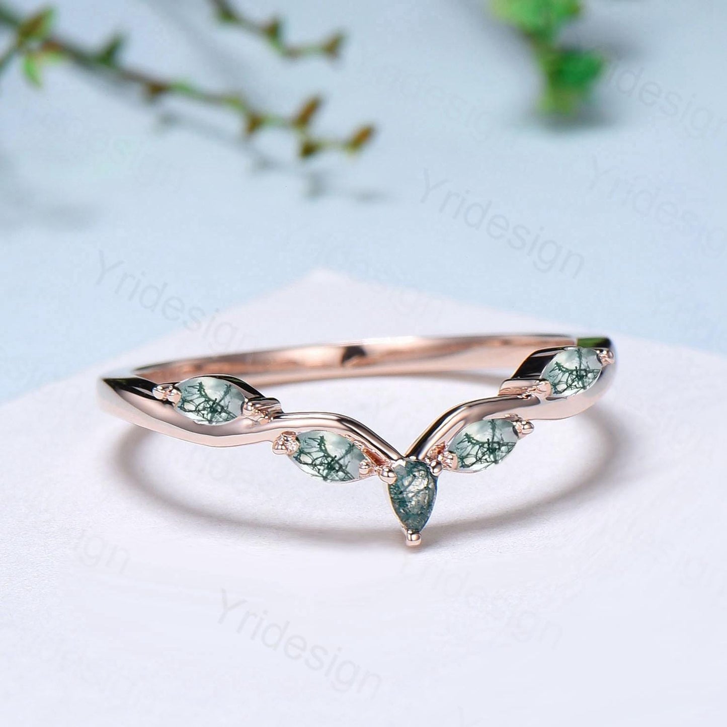 Pear Shaped And Marquise Moss Agate Wedding Band 14K Rose Gold Snowdrift Green Agate Stacking Wedding Ring Matching band Anniversary gift - PENFINE