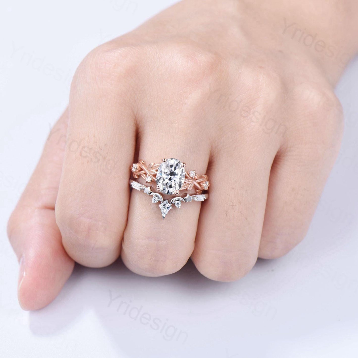 1.5CT Oval Moissanite Engagement Ring Set Nature Inspired Moissanite Wedding Set Unique Moon Star Stacking Matching Band Anniversary Gift - PENFINE