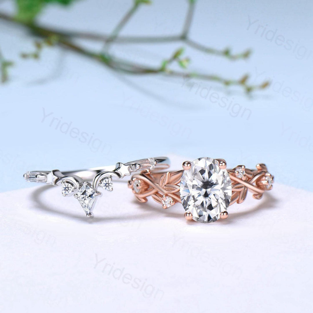 1.5CT Oval Moissanite Engagement Ring Set Nature Inspired Moissanite Wedding Set Unique Moon Star Stacking Matching Band Anniversary Gift - PENFINE