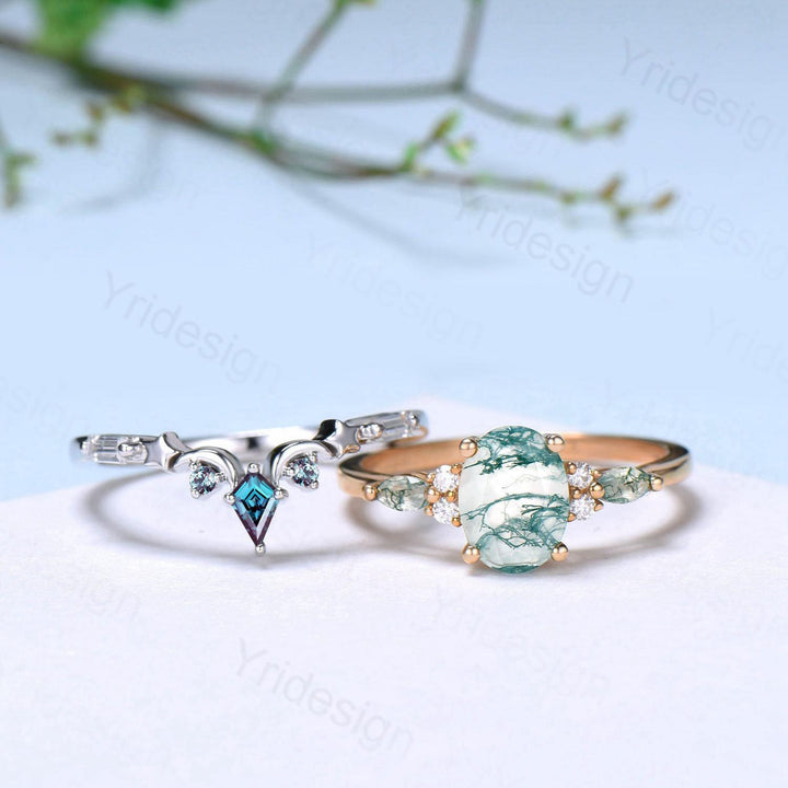 Unique Oval Cut Green Moss Agate Engagement Ring Set Vintage Sterling Silver Star Moon Alexandrite Ring Art Deco 2pcs Bridal Ring Set Women - PENFINE