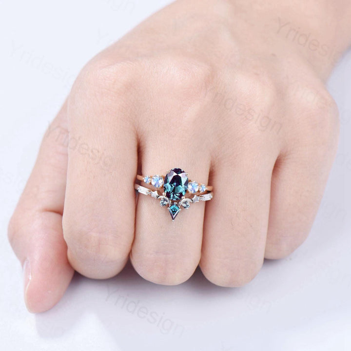 Unique Oval Alexandrite Engagement Ring Set Five Stone Moonstone Wedding Ring Set Moon Star Promise Stacking Band Bridal Set June Birthstone - PENFINE