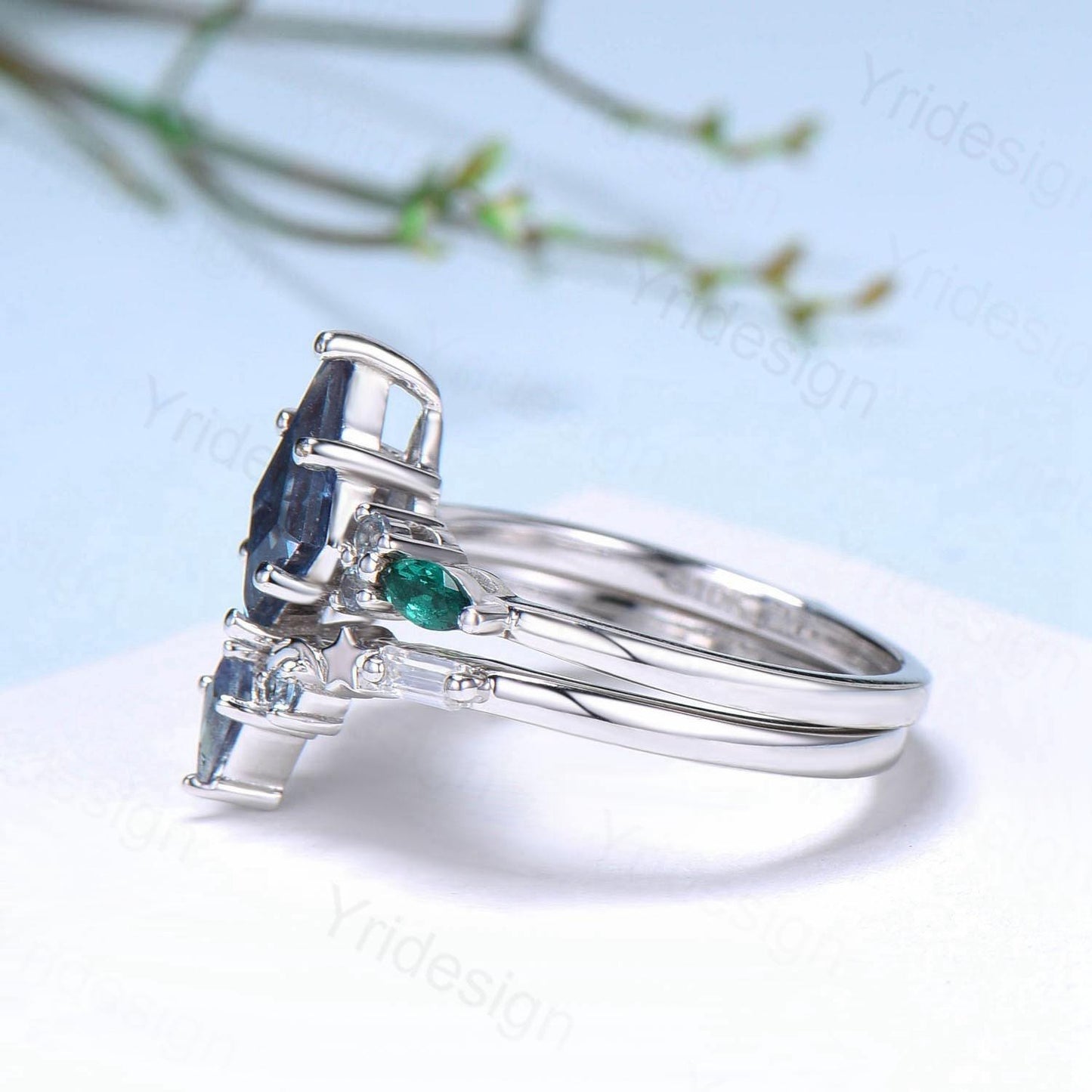 Unique kite cut  Alexandrite engagement ring set silver white gold art deco marquise emerald wedding ring set for women 2pcs star bridal set - PENFINE