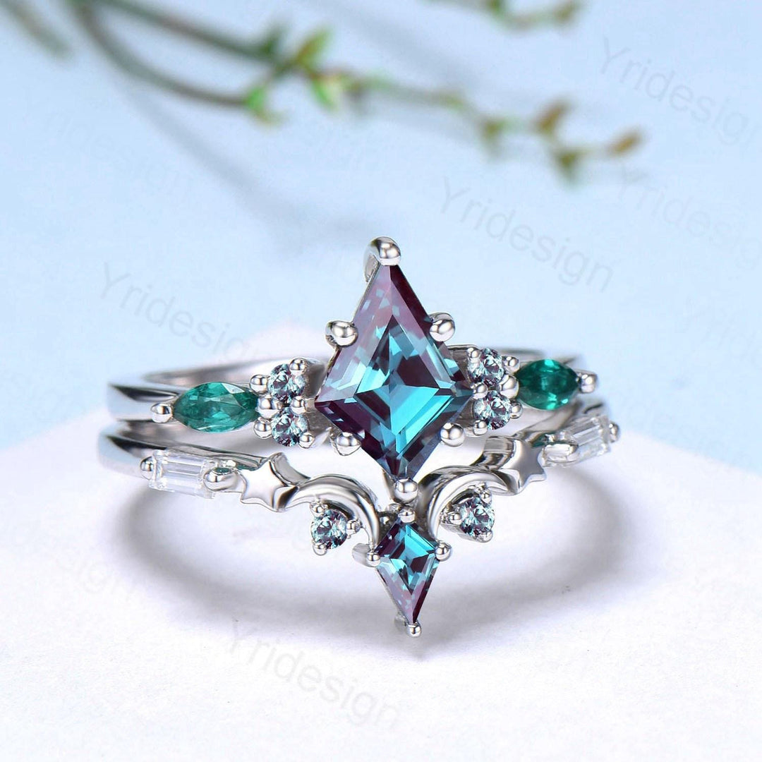 Unique kite cut  Alexandrite engagement ring set silver white gold art deco marquise emerald wedding ring set for women 2pcs star bridal set - PENFINE